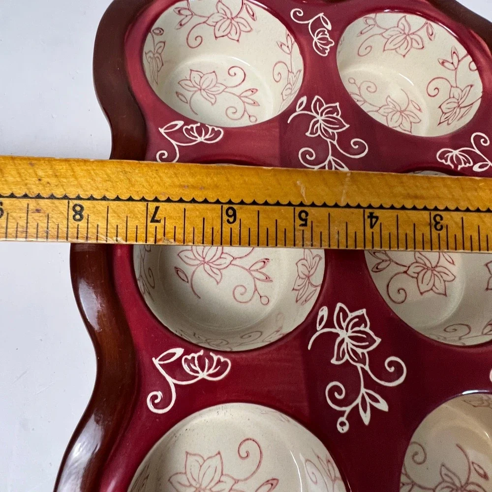 Temp-tations Muffin Pan 6 Cup Cranberry Red Floral Lace Ceramic Stoneware Baker